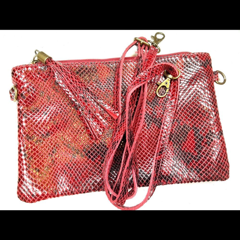 Genuine Italian Snake Stamp Leather Clutch- Red